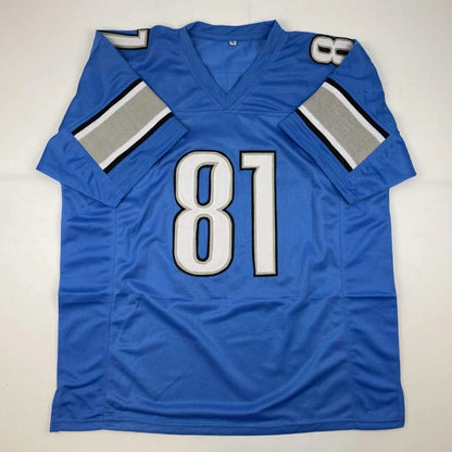 Autographed Calvin Johnson Detroit blue custom jersey with number 81