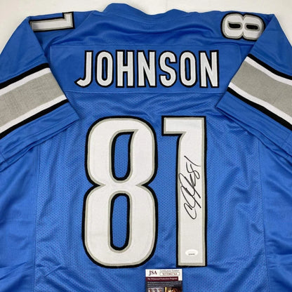 Autographed Calvin Johnson Detroit Lions blue custom jersey, NFL pro sports league