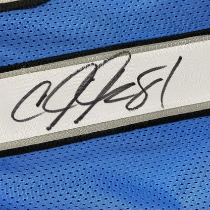 Autographed Calvin Johnson Detroit Lions blue custom jersey with white signature strip on mesh fabric