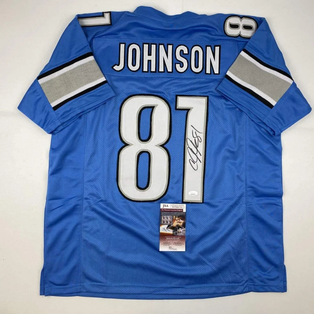 Autographed Calvin Johnson Detroit Lions blue custom jersey number 81, JSA COA
