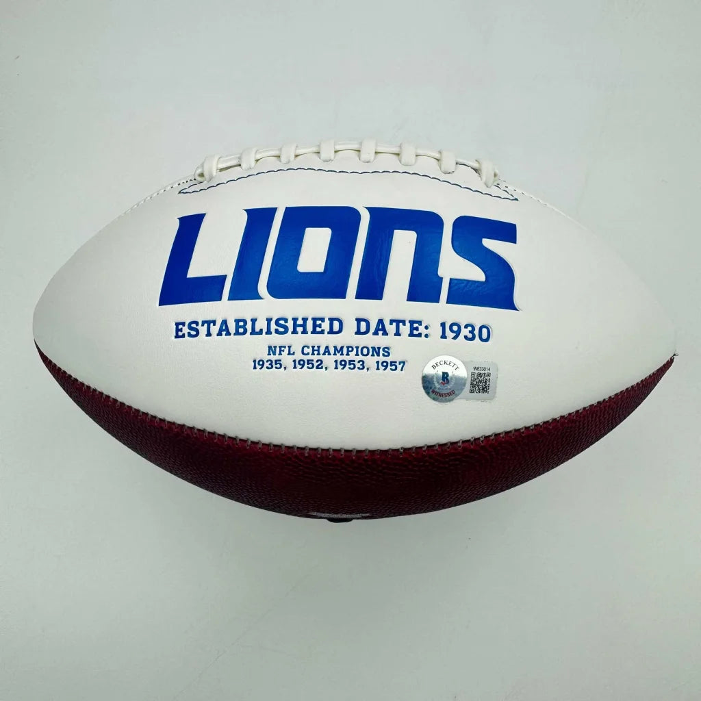 Autographed Calvin Johnson Detroit Lions Full Size F/S White Panel Logo Football Beckett COA | Certified Authentic Signed Memorabilia | vintageantiquesgifts.com