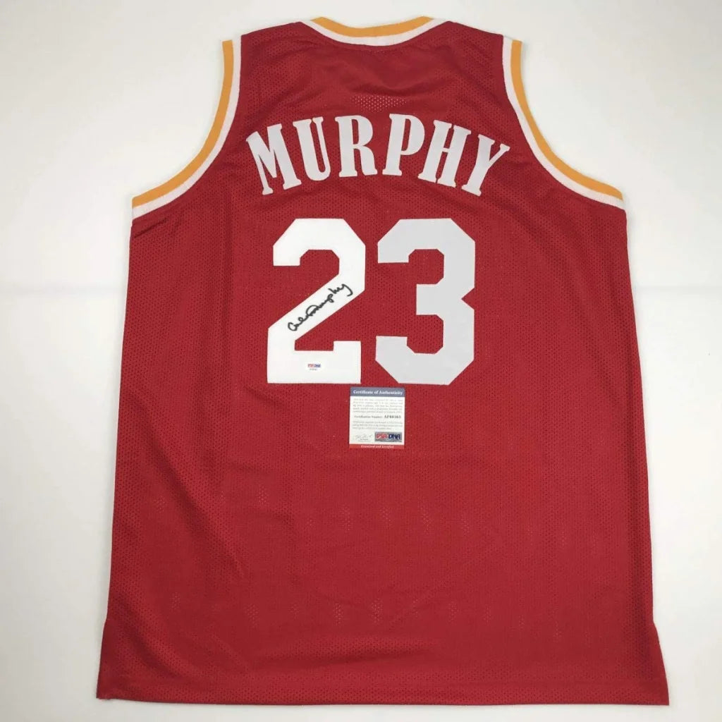 Red Murphy 23 basketball jersey with white trim and third party authentication for authenticity