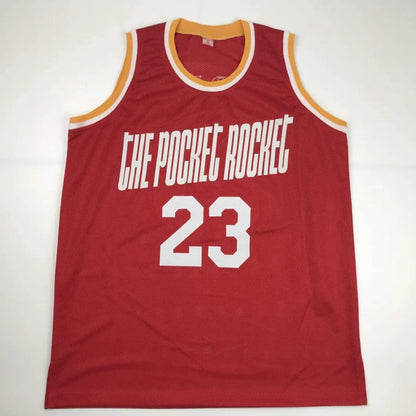 Red basketball jersey with yellow and white trim, authentic third party authentication