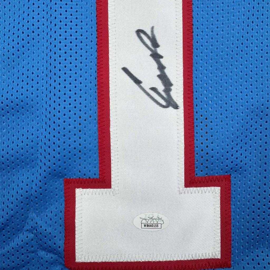 Light blue custom jersey with white number 1, autograph, and auth sticker for professional sports league