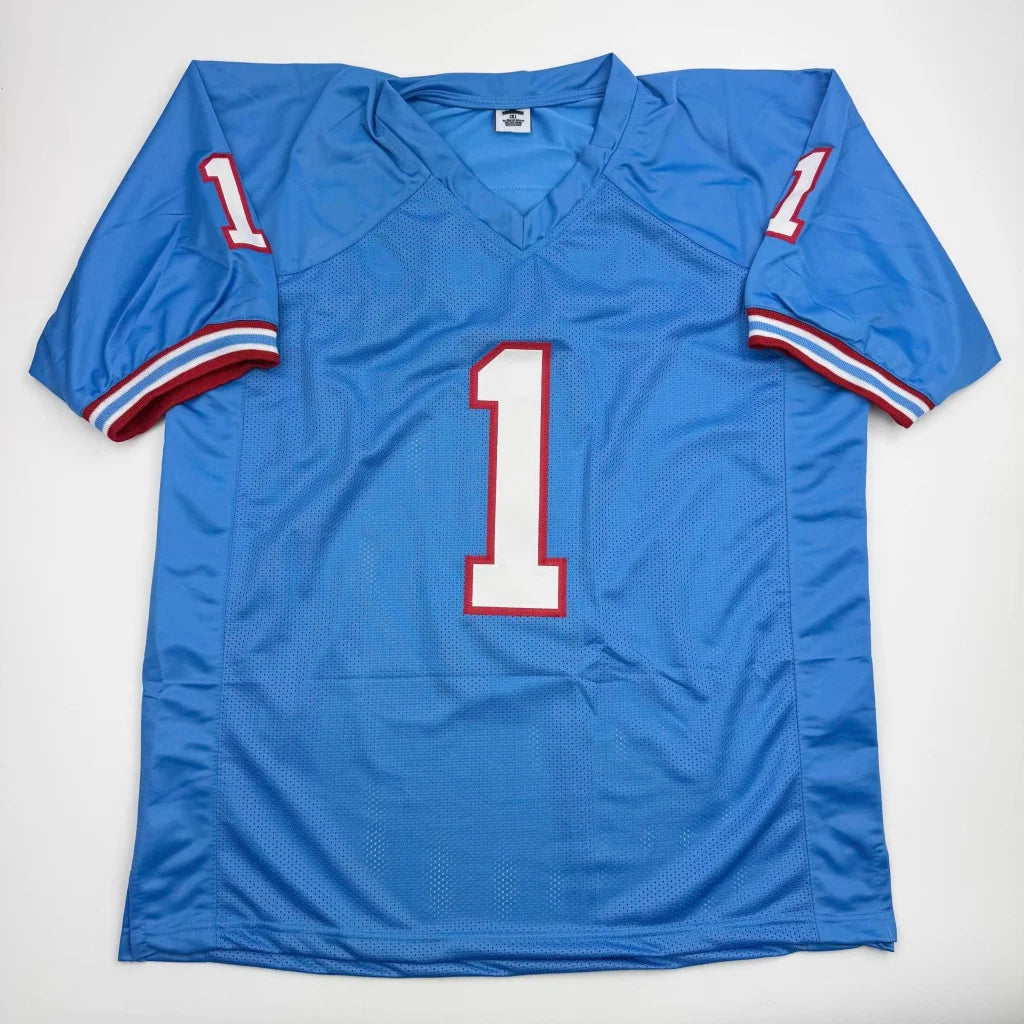 Light blue custom jersey with white and red number 1 for professional sports league fans