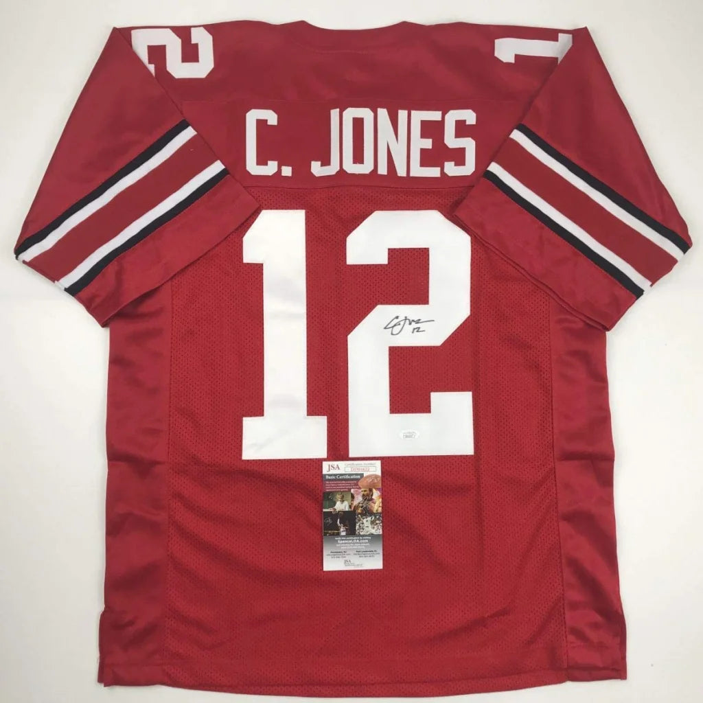 Red ohio state college football custom jersey with white and black striped sleeves autographed by cardale jones with jsa coa