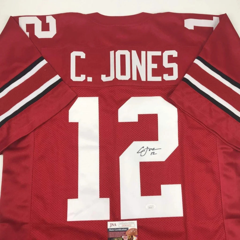 Red ohio state college football custom jersey with white and black sleeve stripes featuring autograph by cardale jones