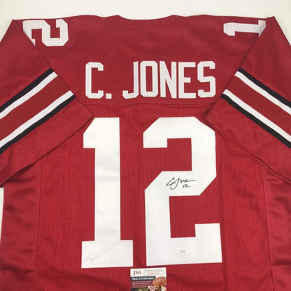 Red ohio state college football custom jersey with white and black sleeve stripes featuring autograph by cardale jones