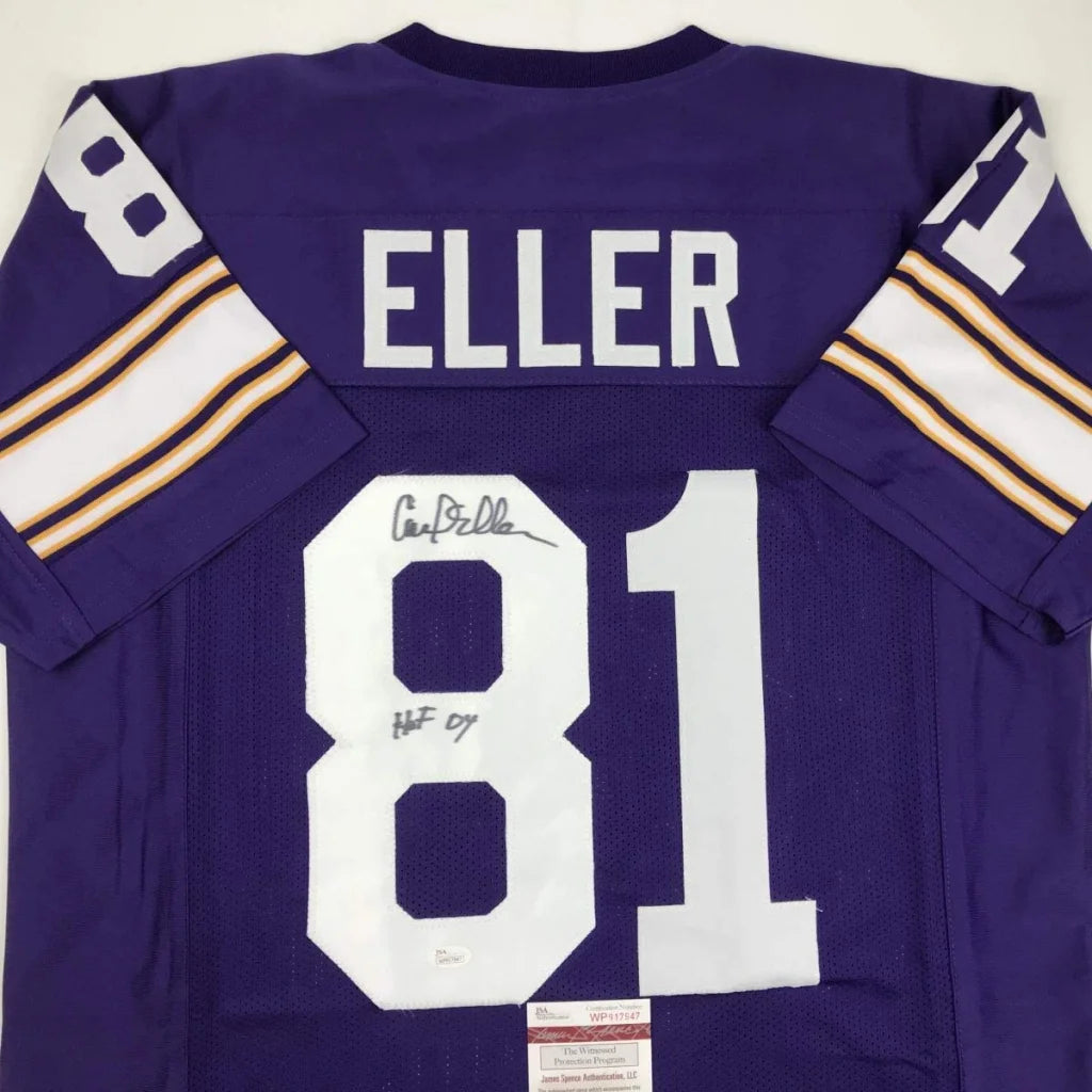 Signed Carl Eller HOF custom jersey with JSA COA, purple gold 81 Eller