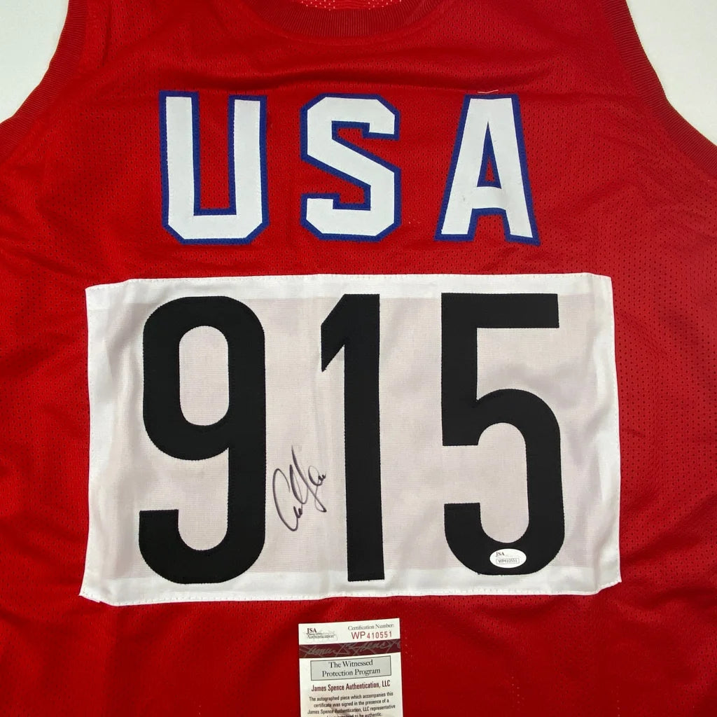 Red USA Olympic singlet with 915 racing bib for custom jersey sports league fans