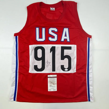 Red USA track and field singlet with number 915 and autograph, perfect custom jersey for sports league fans