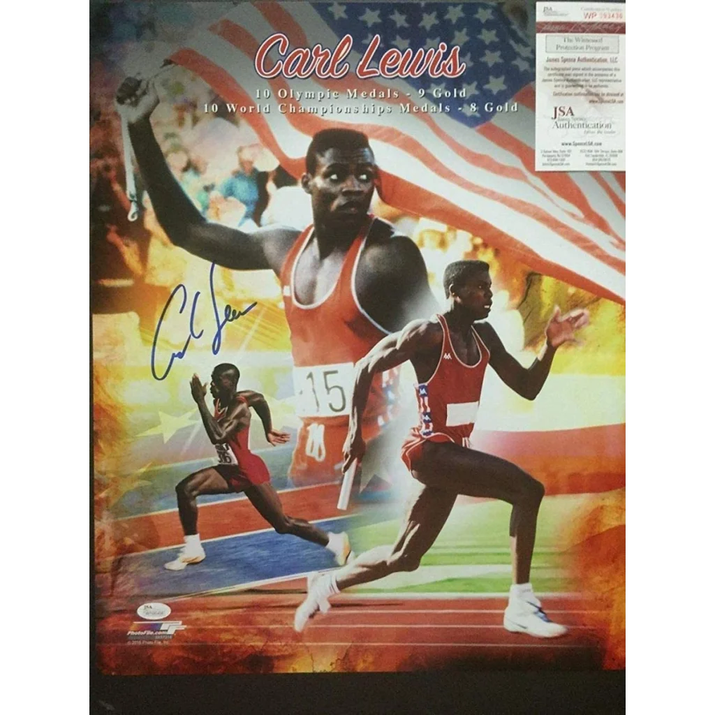 Autographed Carl Lewis poster with third party authentication for sports fans