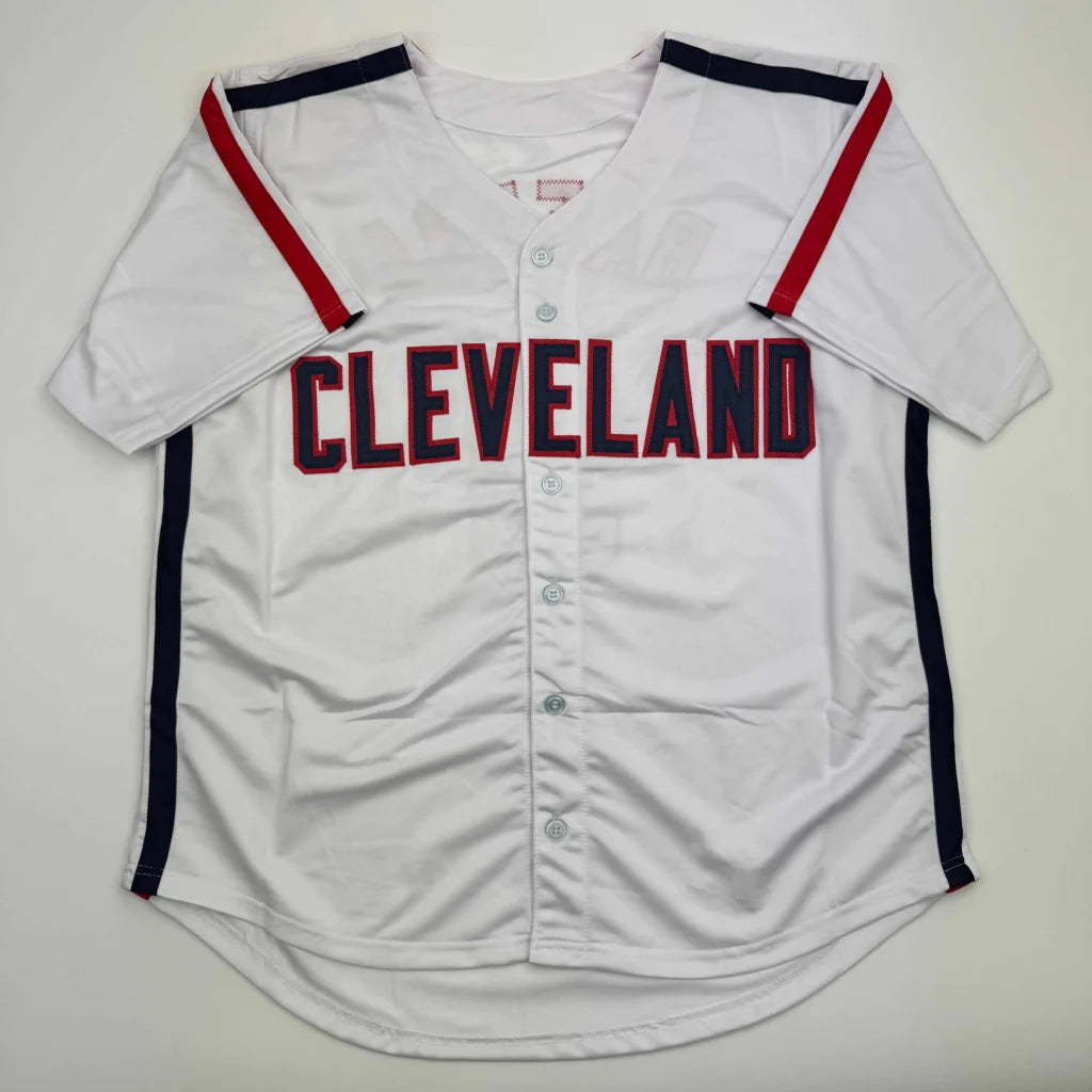 White custom baseball jersey with red and navy trim from Authentic BAERGA professional sports league