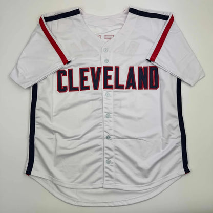 White custom baseball jersey with red and navy trim from Authentic BAERGA professional sports league