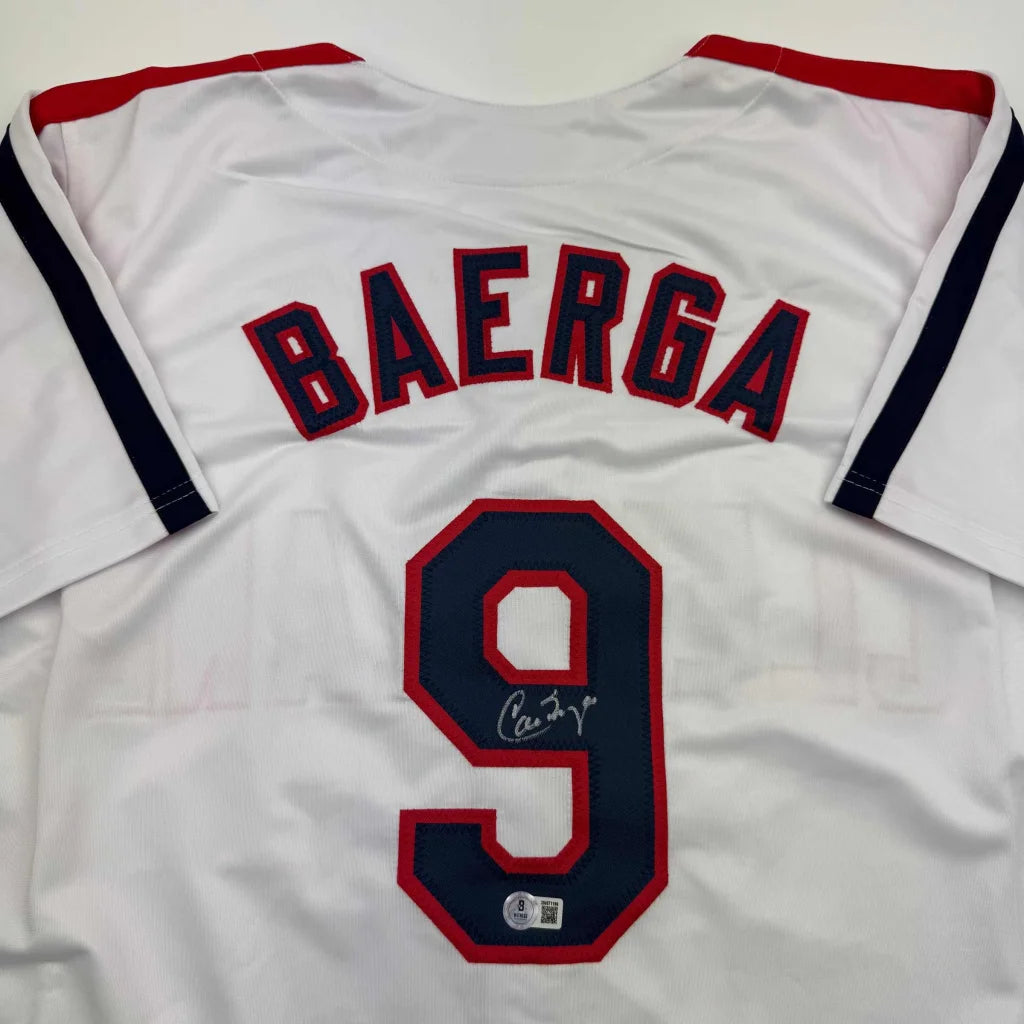 Autographed Carlos Baerga Cleveland White Baseball Jersey Beckett BAS COA | Certified Authentic Signed Memorabilia | vintageantiquesgifts.com