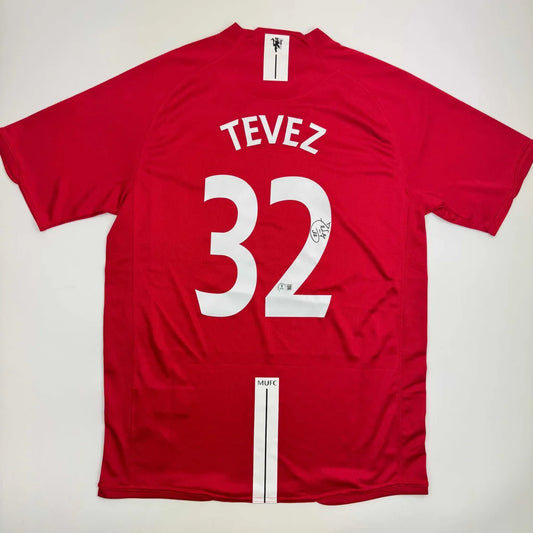 Autographed Carlos Tevez Manchester United Red Soccer Jersey Beckett BAS COA | Hall of Fame Sports Memorabilia | vintageantiquesgifts.com