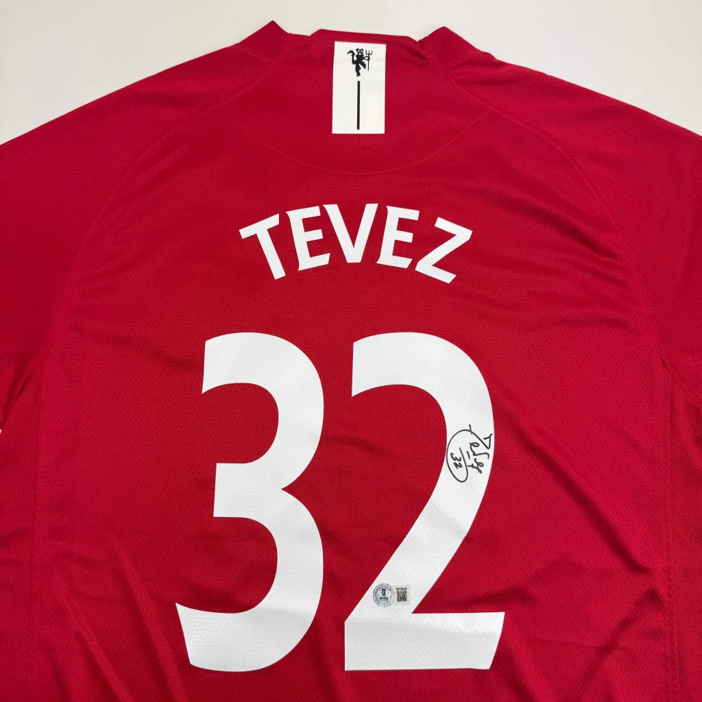 Autographed Carlos Tevez Manchester United Red Soccer Jersey Beckett BAS COA | Certified Authentic Signed Memorabilia | vintageantiquesgifts.com