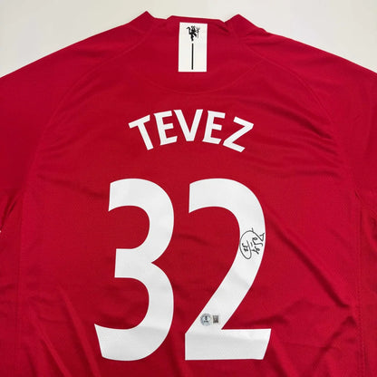 Autographed Carlos Tevez Manchester United Red Soccer Jersey Beckett BAS COA | Certified Authentic Signed Memorabilia | vintageantiquesgifts.com