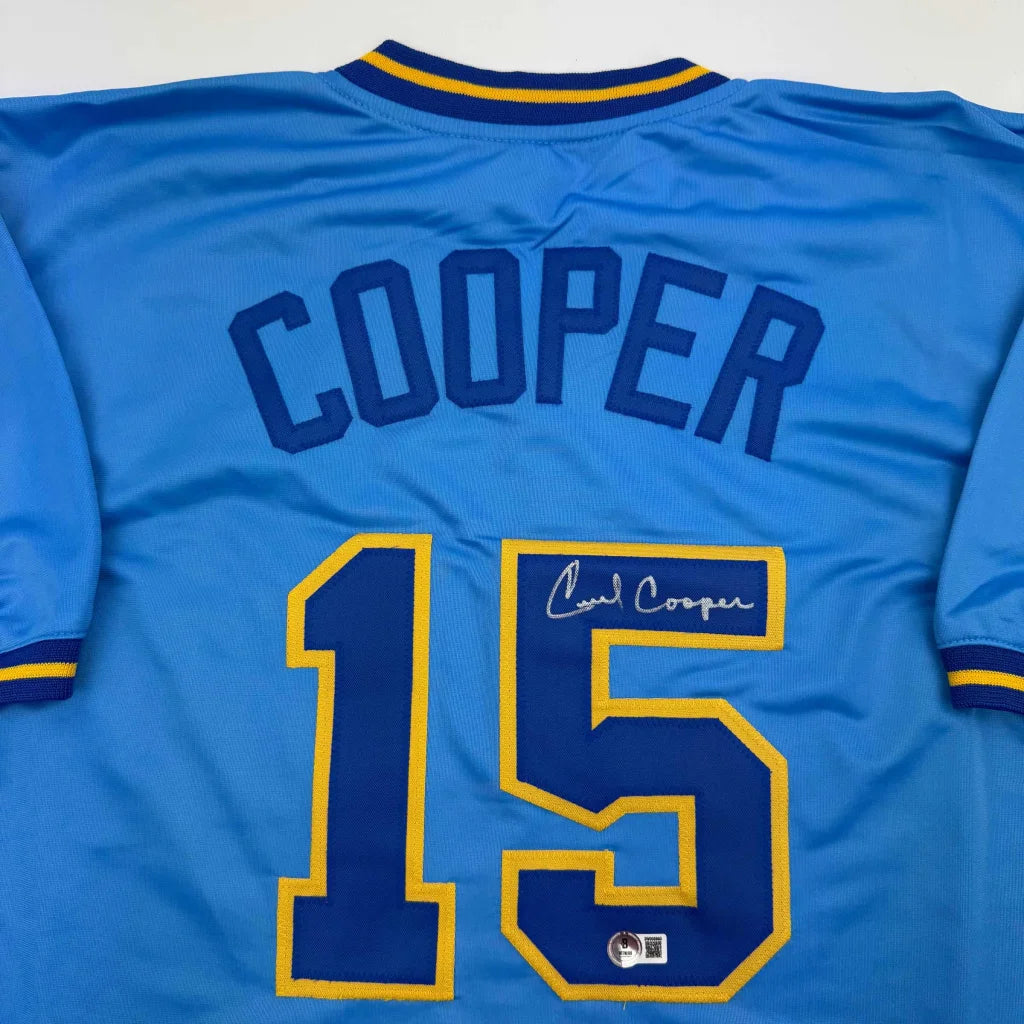 Light blue custom jersey with COOPER 15 for professional sports league teams