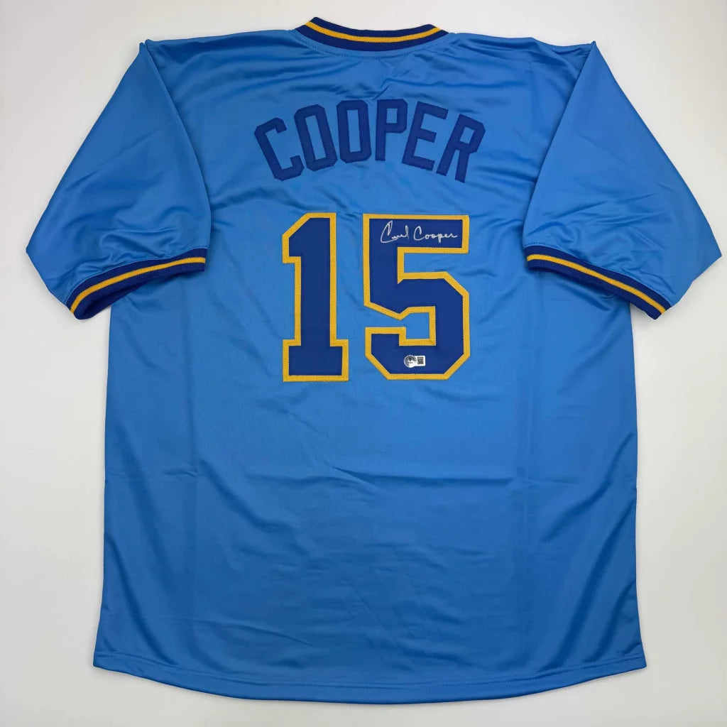 Light blue custom jersey with COOPER 15 for professional sports league fans