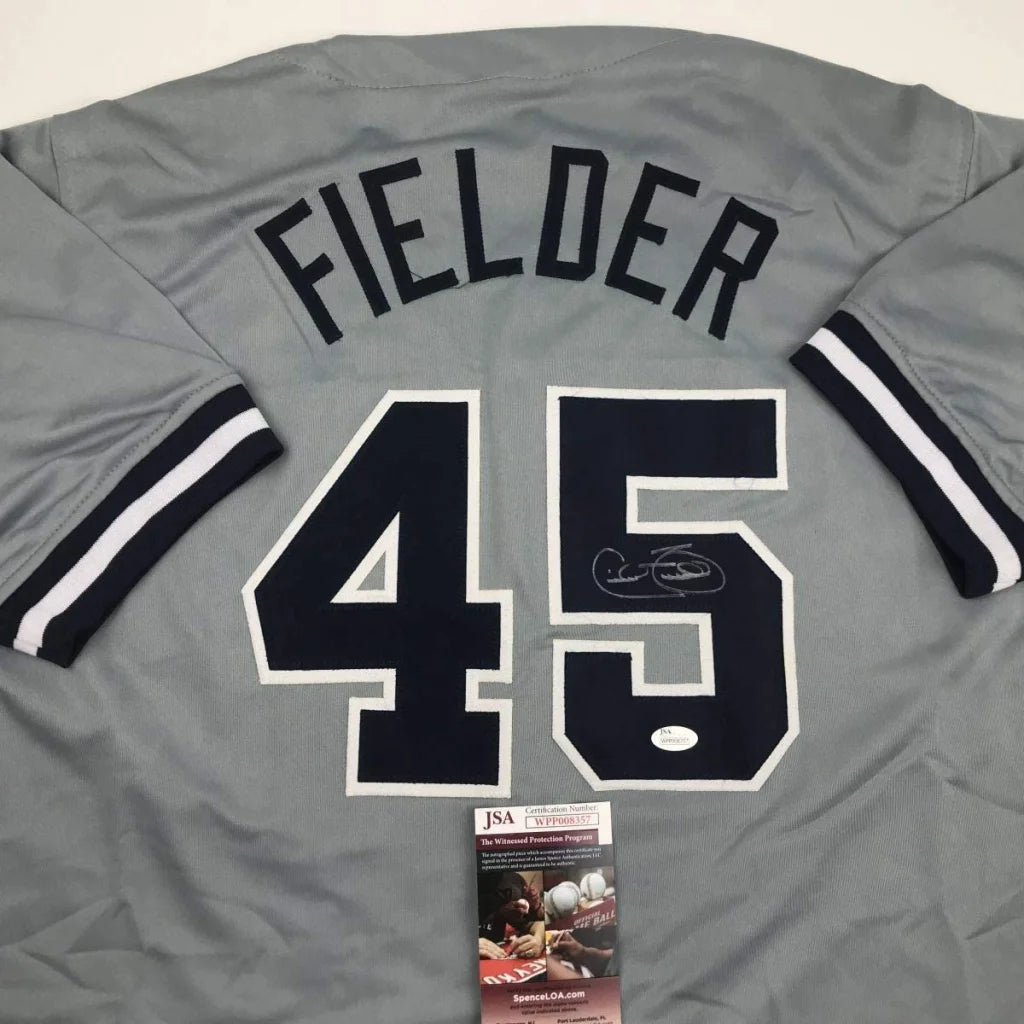 Autographed Cecil Fielder gray custom jersey back, fielder 45, JSA COA