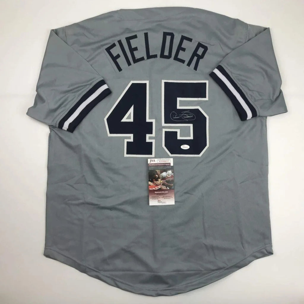 Autographed Cecil Fielder gray custom jersey back, number 45, fielder, JSA COA