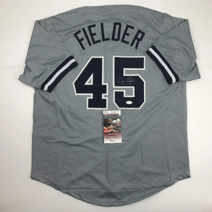 Autographed Cecil Fielder gray custom jersey back, number 45, fielder, JSA COA