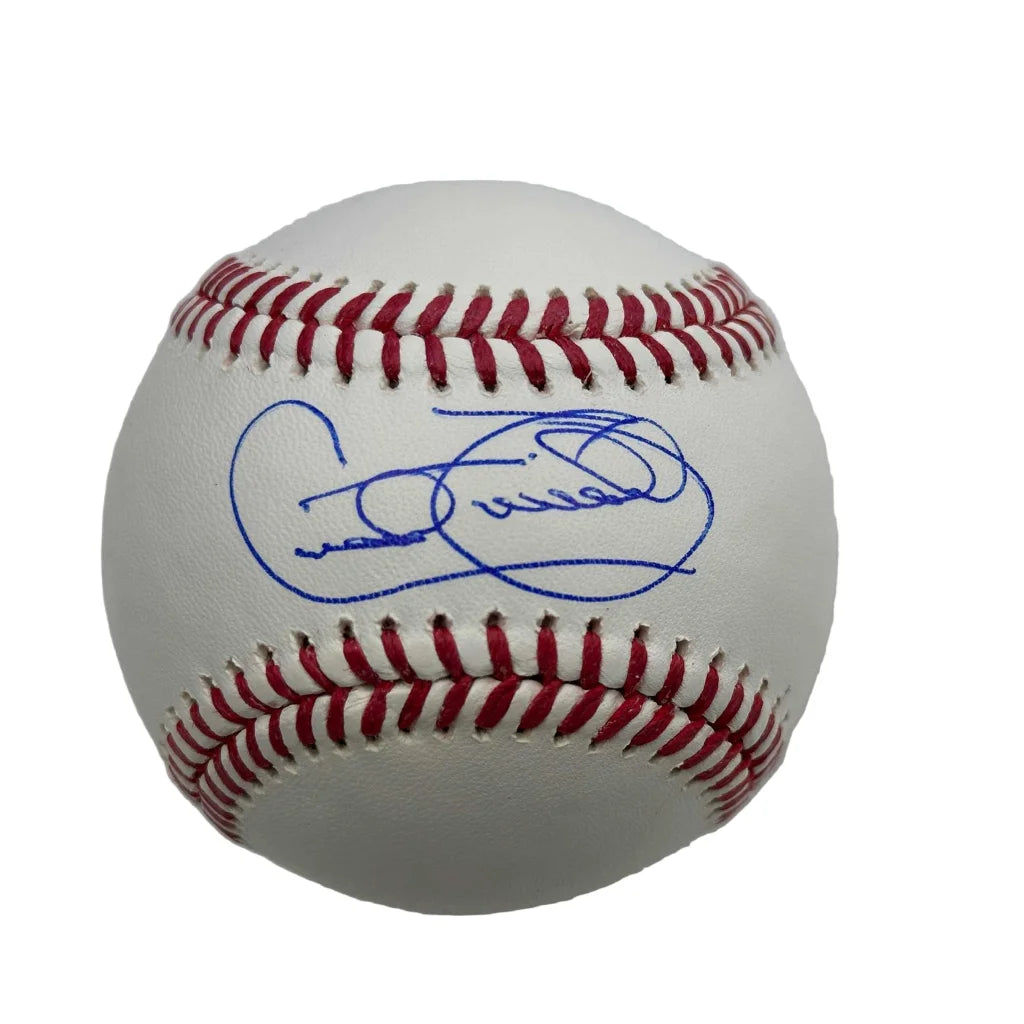 Authentic signed MLB baseball with blue autograph and red stitching