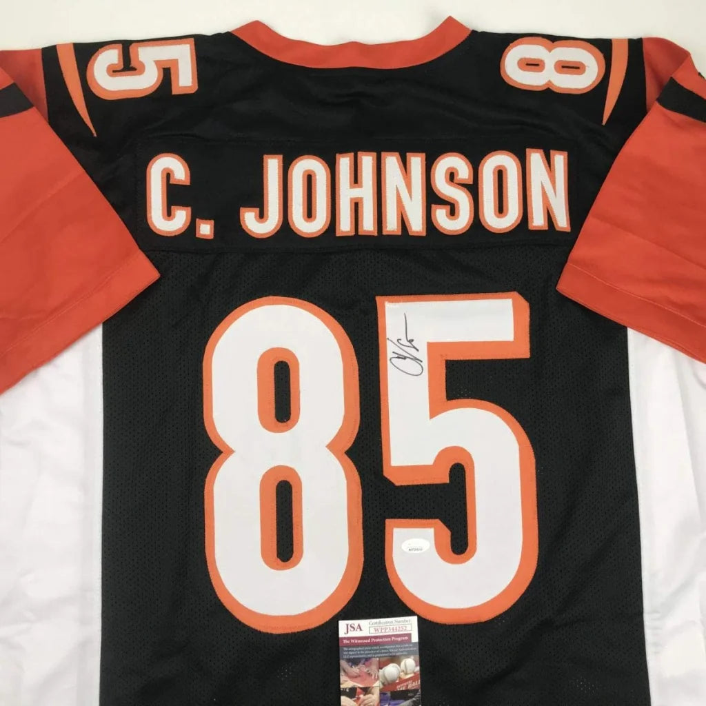 Autographed black and orange custom jersey with C Johnson 85 for professional sports fans