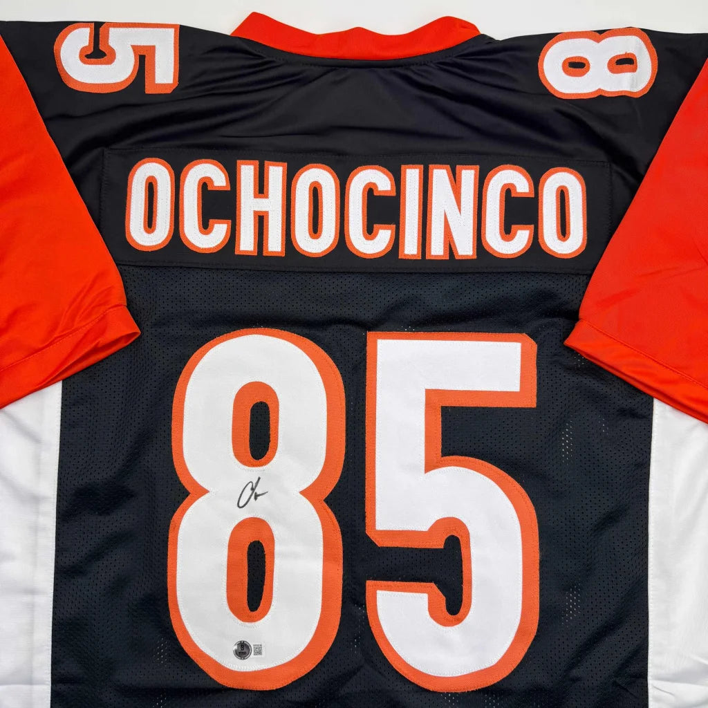 Autographed Chad Ochocinco custom black Bengals jersey, number 85, Beckett COA