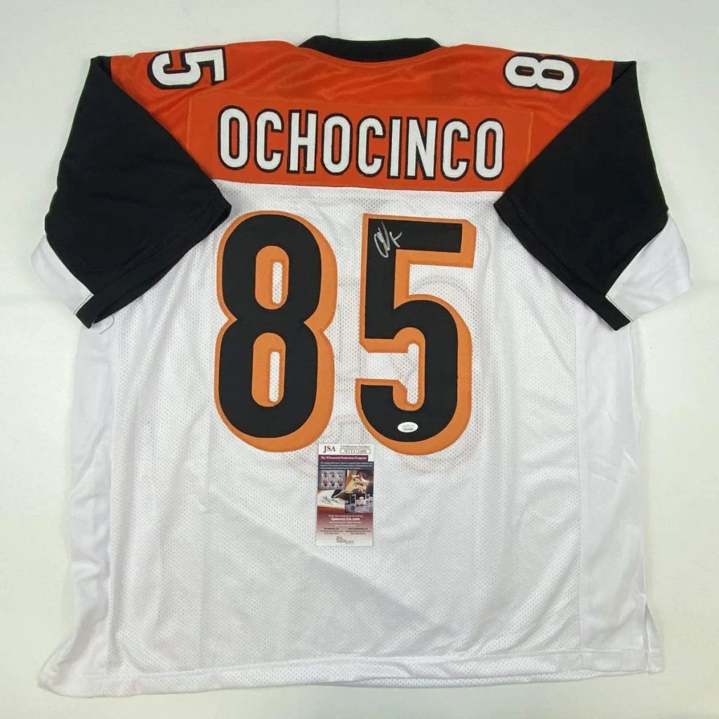 Autographed Chad Ochocinco white custom jersey back, Ochocinco 85, JSA COA