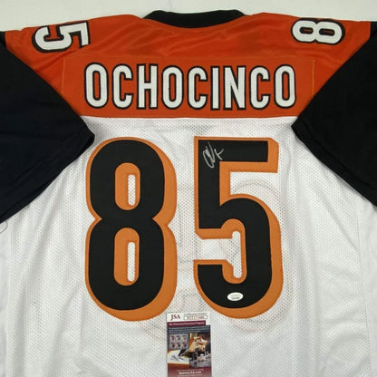 Back of signed Chad Ochocinco orange-black custom jersey number 85, JSA COA