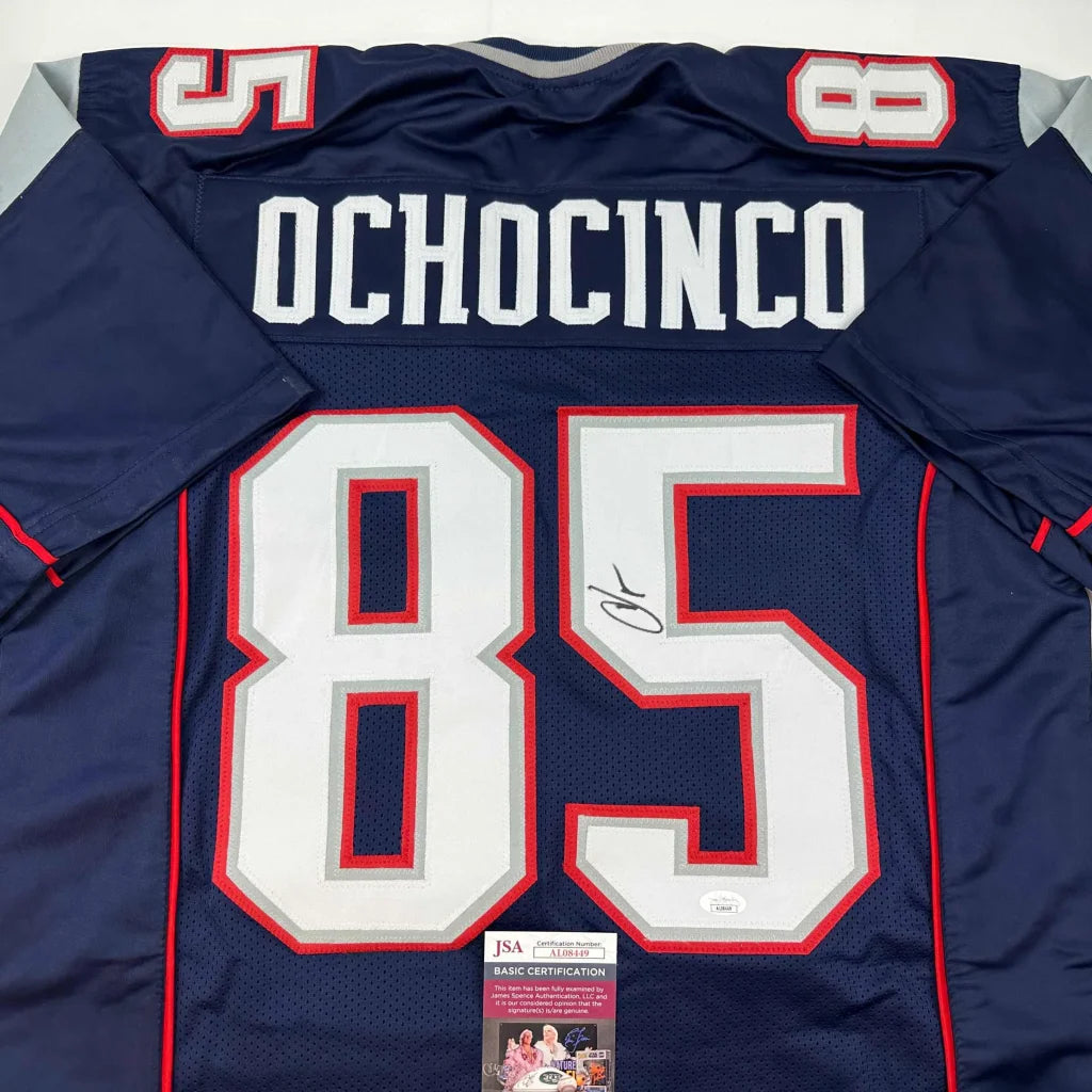 Autographed Chad Ochocinco navy blue custom jersey, Ochocinco 85, JSA COA