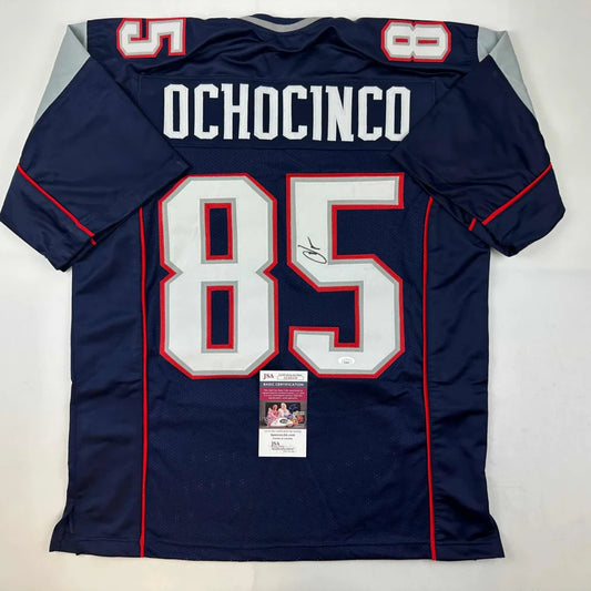 Back of autographed Chad Ochocinco navy custom jersey number 85, JSA COA