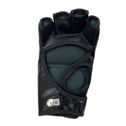 Black leather fingerless glove with padded palm and reinforced stitching autographed by charles oliveira for ufc mma use