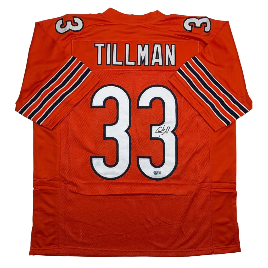 Autographed Charles Tillman Peanut Chicago Orange Football Jersey Beckett BAS COA | Hall of Fame Sports Memorabilia | vintageantiquesgifts.com