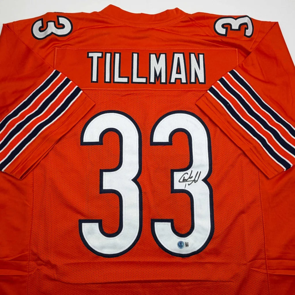 Autographed Charles Tillman Peanut Chicago Orange Football Jersey Beckett BAS COA | Certified Authentic Signed Memorabilia | vintageantiquesgifts.com