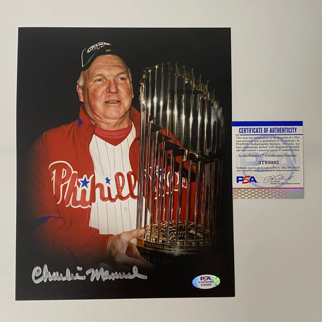 Autographed Charlie Manuel World Series trophy photo with third party authentication