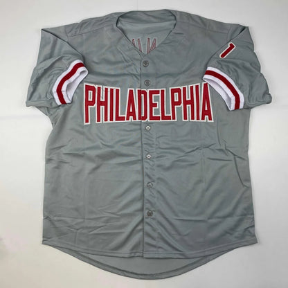 Autographed Charlie Manuel gray Philadelphia custom jersey with red lettering