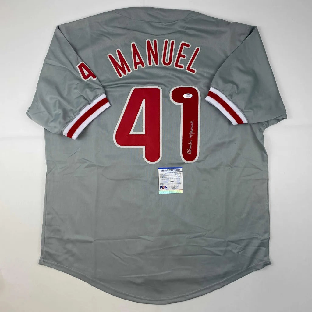 Autographed Charlie Manuel gray custom jersey with number 41, PSA/DNA COA