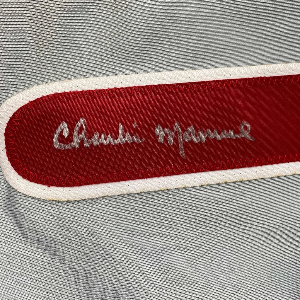Chanel manne embroidered patch on autographed Charlie Manuel custom Phillies jersey