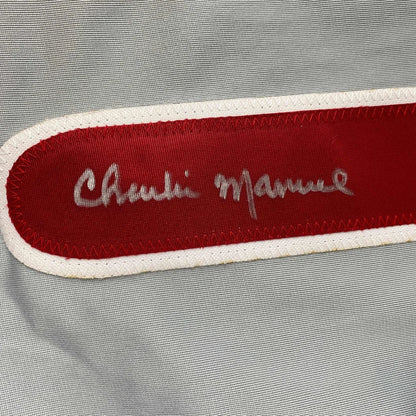 Chanel manne embroidered patch on autographed Charlie Manuel custom Phillies jersey
