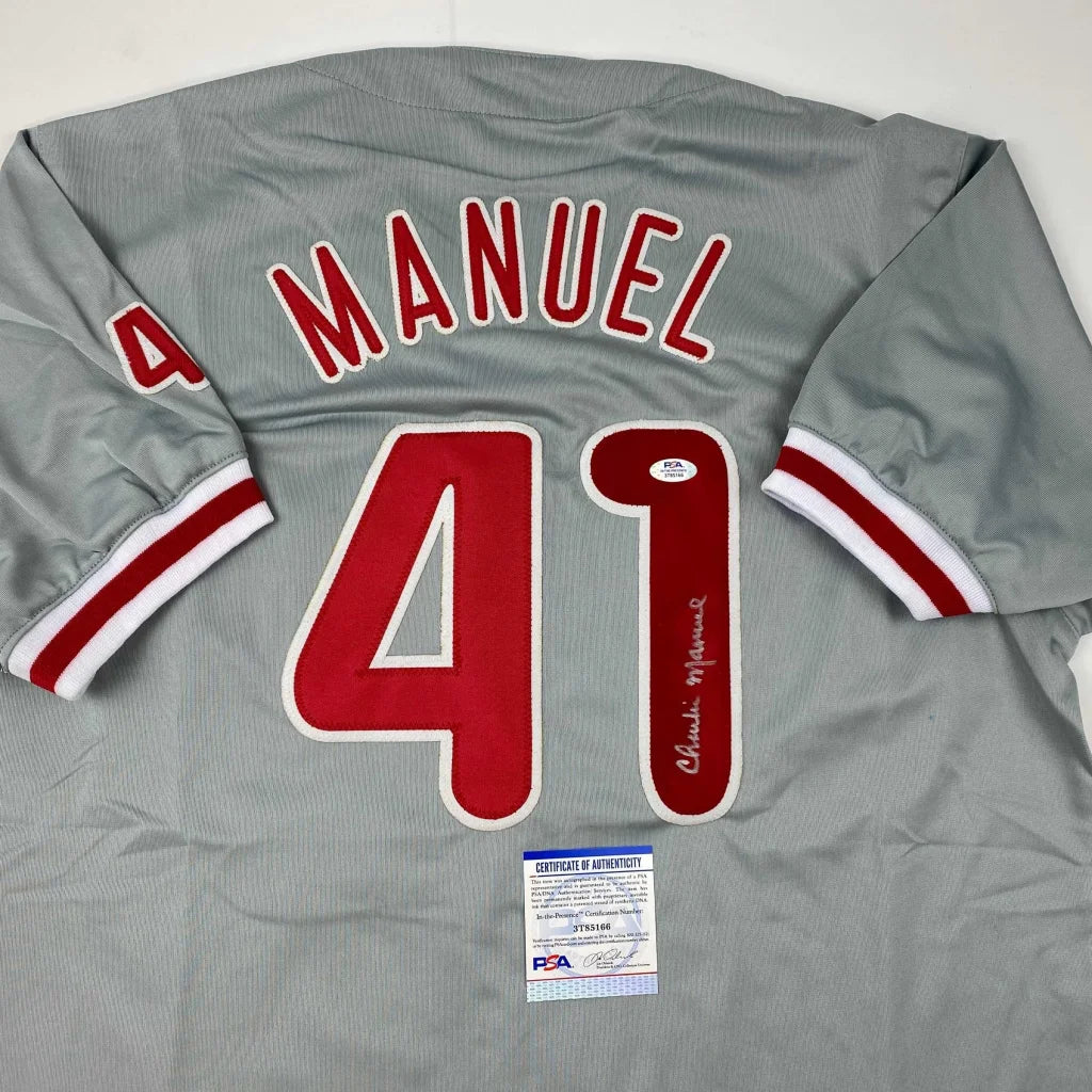 Autographed gray Philadelphia Phillies custom jersey signed by Charlie Manuel, number 41