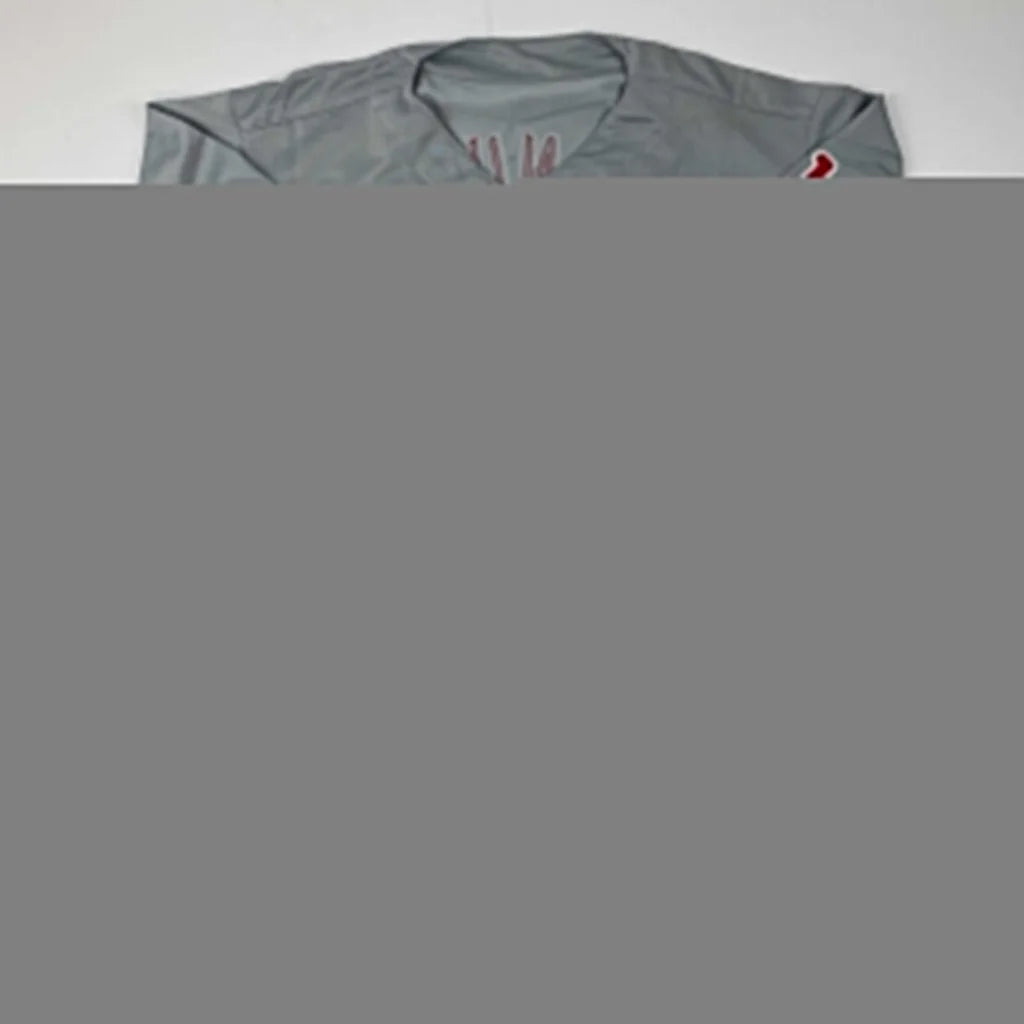 Gray long-sleeved custom jersey with V-neck and red logo for professional sports fans