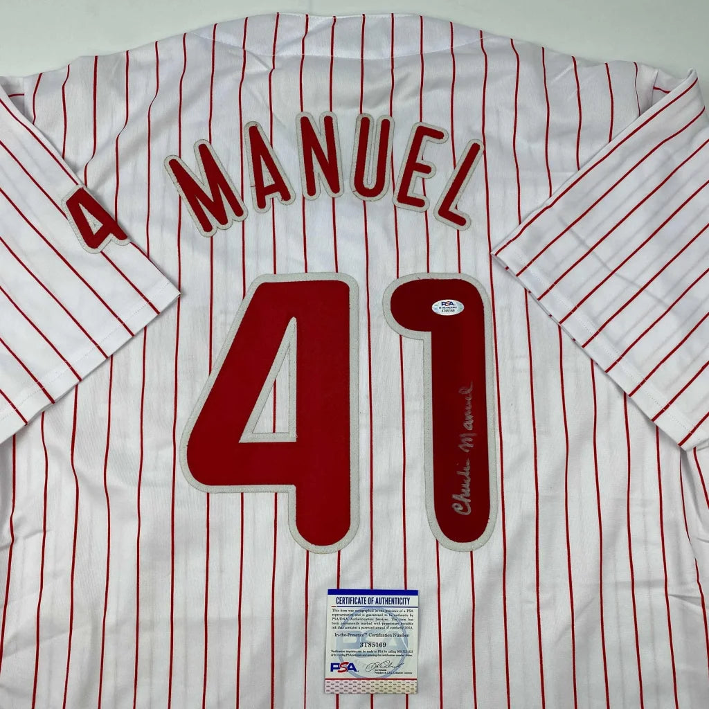 White and red custom jersey with A Manuel 41 autographed, perfect for sports league fans