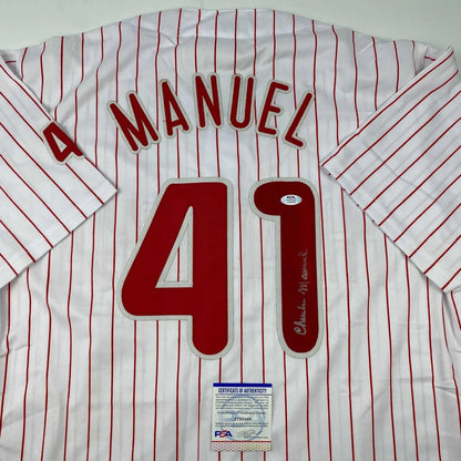 White and red custom jersey with A Manuel 41 autographed, perfect for sports league fans