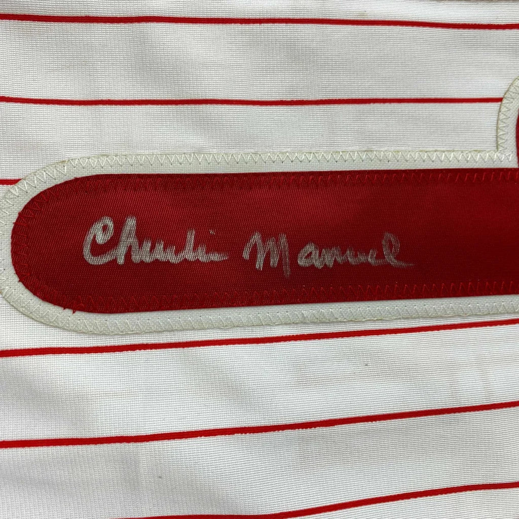 White pinstriped custom jersey with red nameplate from Manuel 41 professional sports league