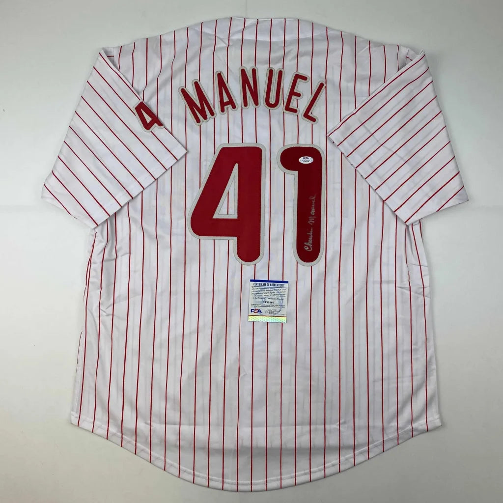 White pinstriped custom jersey with MANUEL 41 for professional sports collectibles
