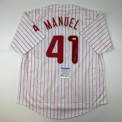 White pinstriped custom jersey with MANUEL 41 for professional sports collectibles