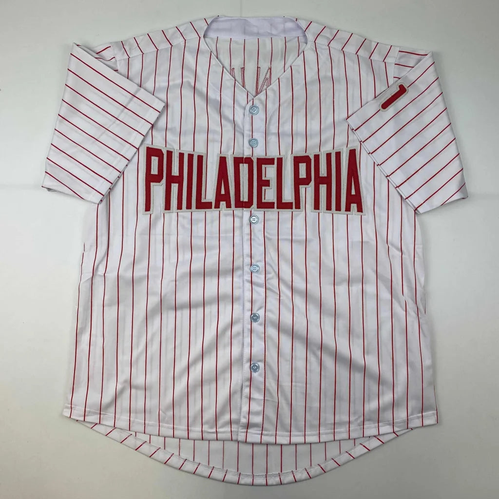 White custom jersey with red pinstripes and PHILADELPHIA for professional sports fans